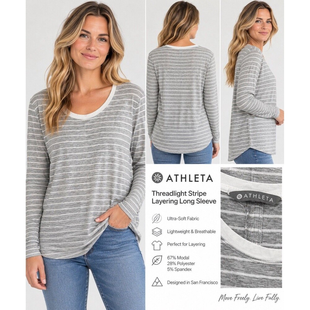 Athleta Threadlight Stripe Long Sleeve Top Gray White Women’s Large L 266060